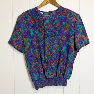 Vintage Les Modes JMS Fashions Int'l Purple, Green and Orange Abstract Blouse.